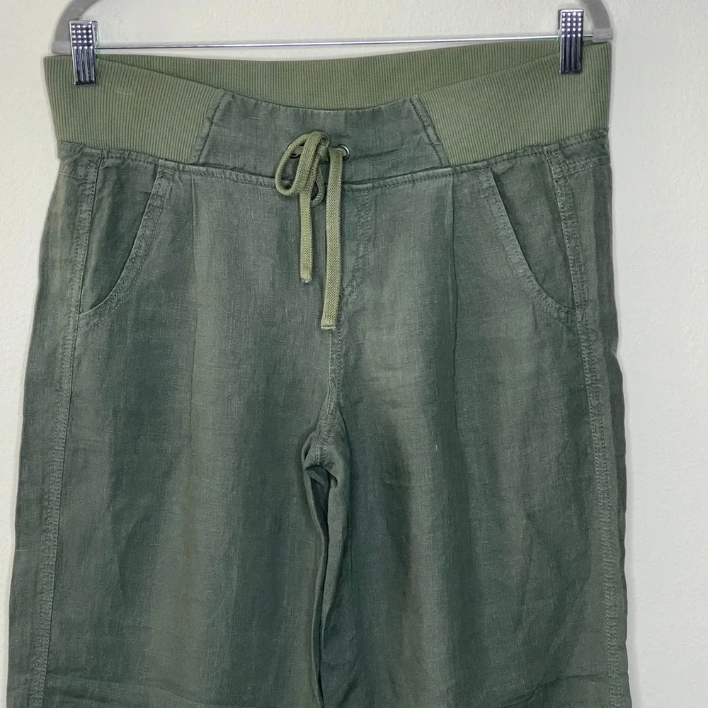 Athleta  Olive Green Linen Blend  Wide Leg ‎ Elastic Waist Drawstring Pants